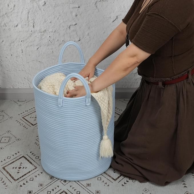 XUANGUO Cotton Rope Laundry Basket Hamper for Clothes, light blue - Image 3