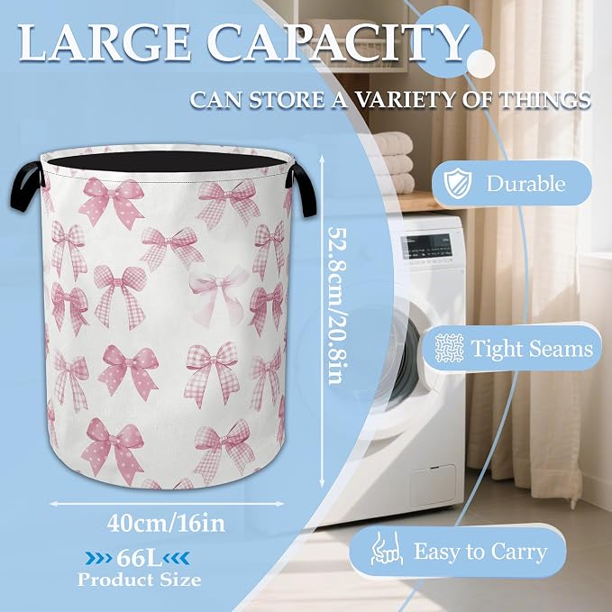 Pink Bowknot Laundry Basket Collapsible Laundry Hamper, Oxford Cloth Storage Bin for Room/Bathroom/Bedroom/Dormitories 16" X 20.8" - Image 2