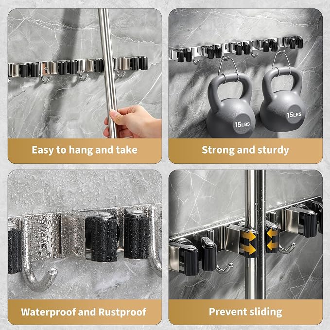 Broom Holder Wall Mount, Mop Organizer, 5 Racks, 4 Hooks, Heavy Duty - Image 5