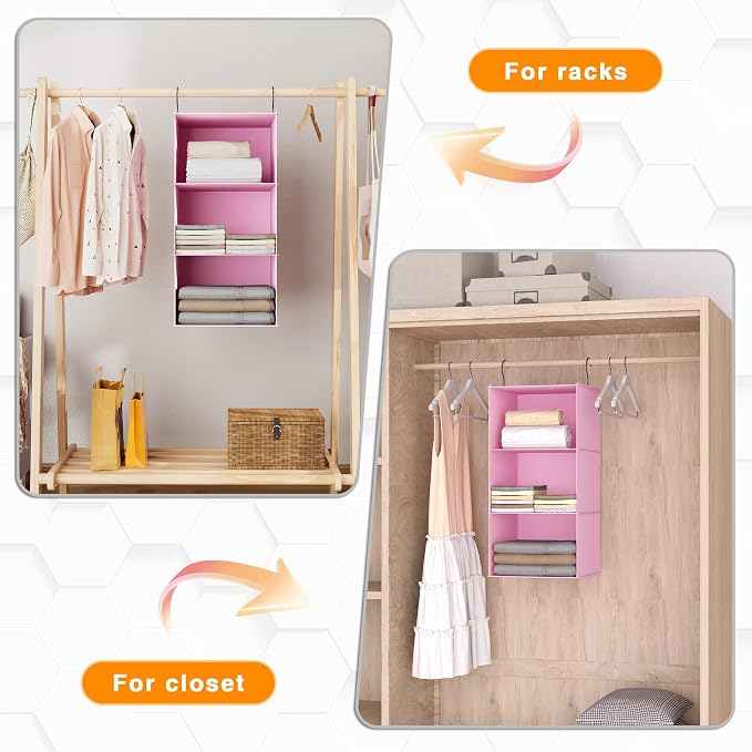 Hanging Closet Organizer 3-Shelf, Oxford Fabric Wardrobe Storage, Pink | Easy-mount foldable design holds clothes, handbags, shoes & accessories; washable Oxford fabric, sturdy and space-saving. - Image 6