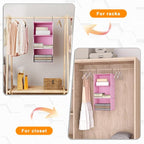 Hanging Closet Organizer 3-Shelf, Oxford Fabric Wardrobe Storage, Pink | Easy-mount foldable design holds clothes, handbags, shoes & accessories; washable Oxford fabric, sturdy and space-saving. - Image 6