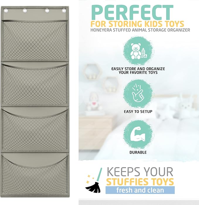 Honeyera Storage for Stuffed Animal - Over Door Organizer for Stuffies, Baby Accessories, and Toy Plush/Easy Installation with Breathable Hanging Pockets (Gray) - Image 8