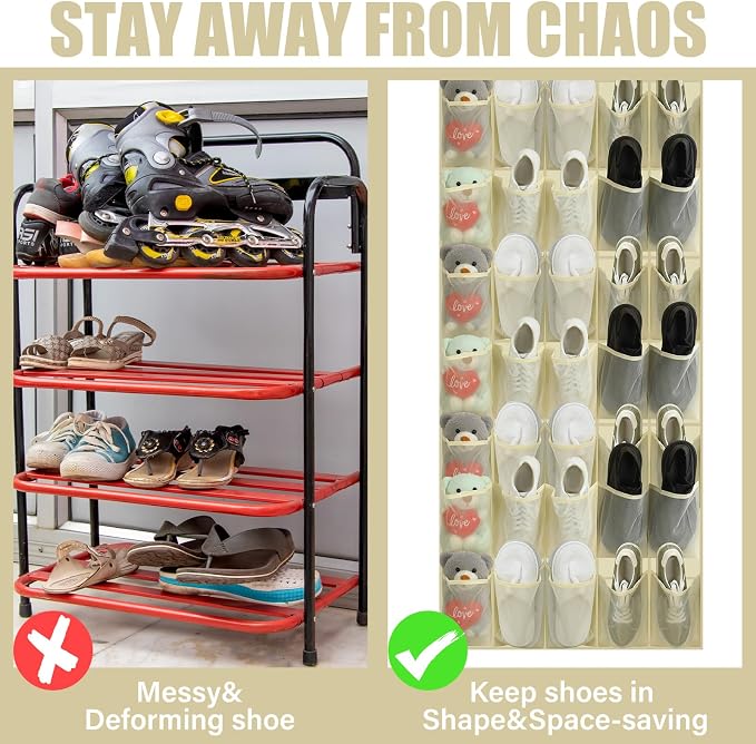 Windyun 1 Pcs 40 Pocket Over the Door Shoe Organizer Hang,Beige - Image 3