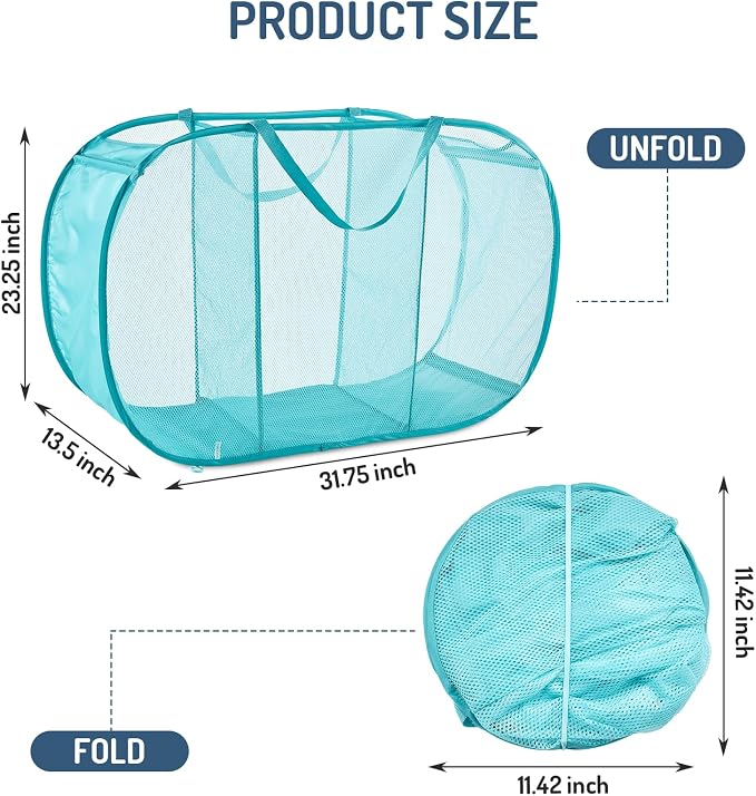 Seiritex Mesh Popup Laundry Hamper 3 Compartment Sortable Horizontal Collapsible Laundry Basket for Clothes Laundry Room Bedroom Toys Travel (Turquoise Blue) - Image 2