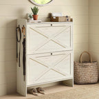 VASAGLE Narrow Shoe Storage Cabinet Organizer with 2 Flip Drawers | Freestanding Shoe Rack, Fits 14 to 16 Pairs, for Entryway, Farmhouse Style, Rustic White, HAINS Collection UHSC203WJ01S by Unknown