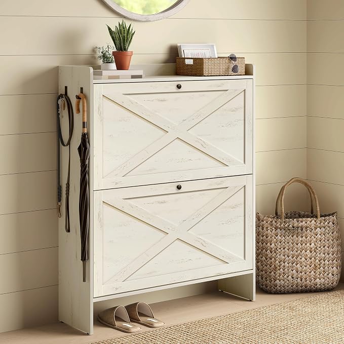 VASAGLE Narrow Shoe Storage Cabinet Organizer with 2 Flip Drawers | Freestanding Shoe Rack, Fits 14 to 16 Pairs, for Entryway, Farmhouse Style, Rustic White, HAINS Collection UHSC203WJ01S by Unknown