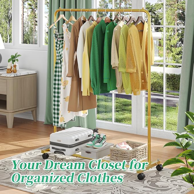 Simple Trending Standard Clothes Clothing Garment Rack with Storage Shelves, Rolling Clothes Organizer on Wheels for Hanging Clothes, Gold (Pack of 2) - Image 2