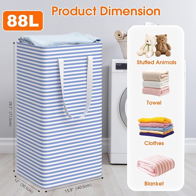 3-Pack Laundry Basket, Collapsible Laundry Hampers, 88L, Blue - Image 2