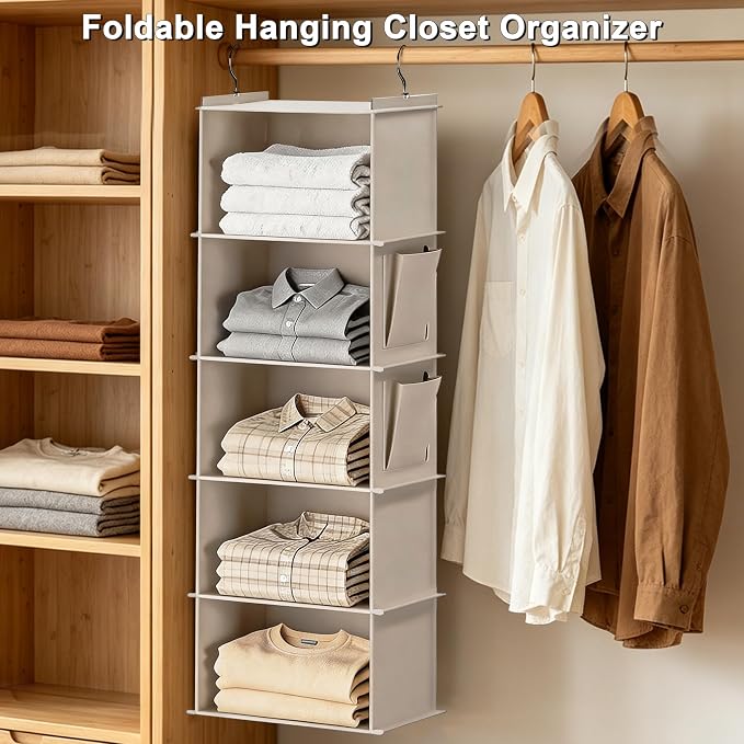 Foldable Hanging Closet Organizer, 5-Shelf Hanging Shelves with Side Pockets, Space Saving Storage for Clothes and Accessories - Image 3