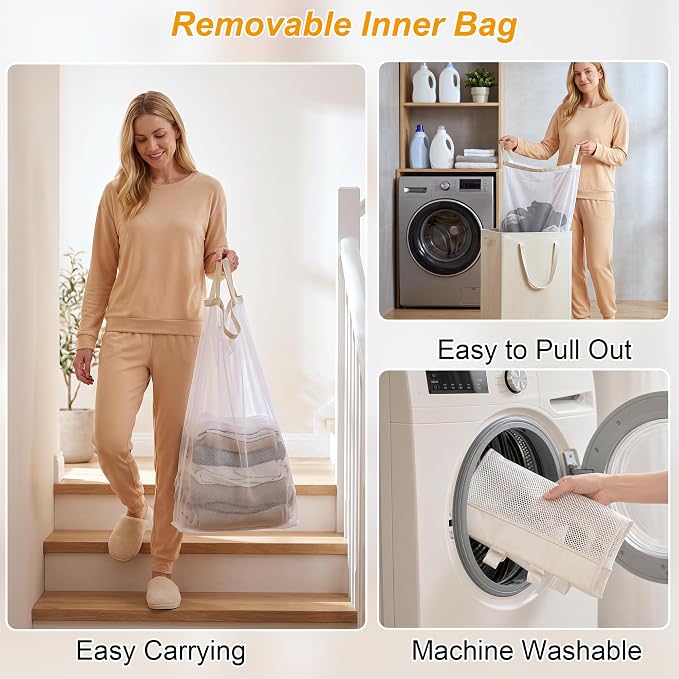 efluky Slim Laundry Hamper with Wheels and Removable Bag, Rolling Laundry Basket for Clothes, Small Laundry Basket for Bedroom, Dorm and Laundry Room, 75L (19.8 Gallons) Beige - Image 4