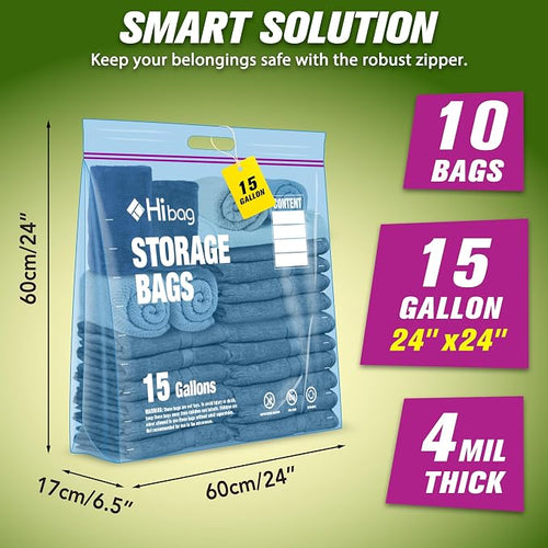 15 Gallon Large Storage Bags, 24” x 24” Zipper Bags with Handle, Extra Large XL Zip Top Bags for Clothes Travel Moving, Blue, Pack of 10 - Image 2