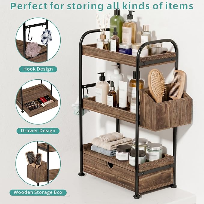 3-Tier Bathroom Counter Organizer with Drawer, Wooden Vanity Skincare Shelf - Image 6