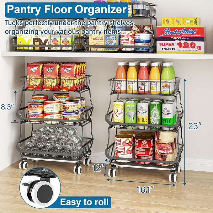 OKZEST 3-Tier Rolling Pantry Floor Organizers and Storage Cart with Wheels - Image 2