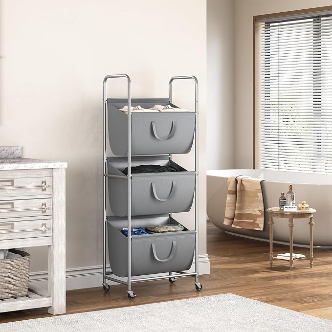 ELYKEN 3-Tier Vertical Rolling Laundry Hamper with Wheels & Removable Bags - Image 9