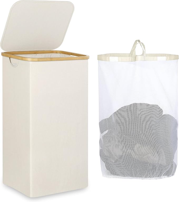 IEGrow Laundry Hamper with Lid,110L Laundry Basket with Mesh Bags,Beige by iEGrow