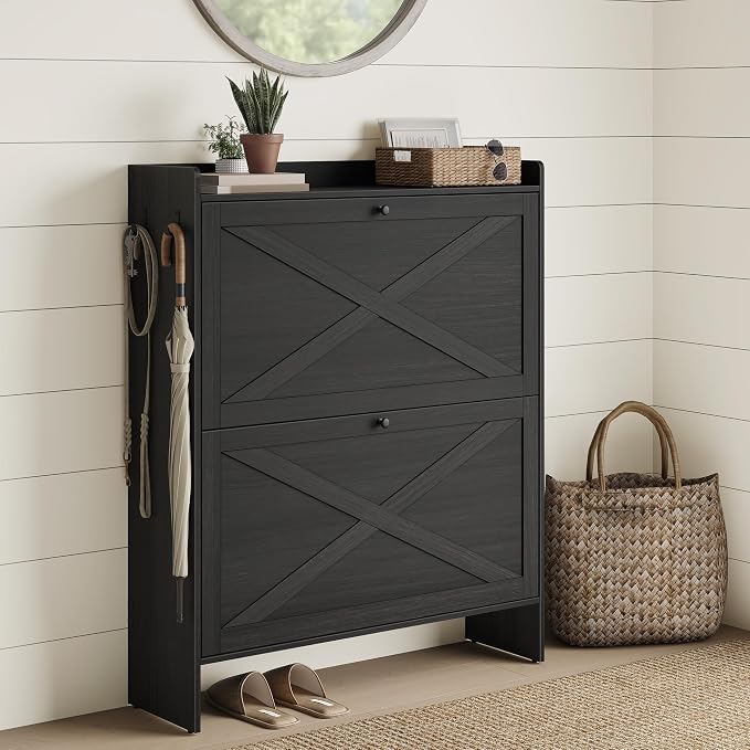 VASAGLE Narrow Shoe Storage Cabinet Organizer with 2 Flip Drawers | Freestanding Shoe Rack, Fits 14 to 16 Pairs, for Entryway, Farmhouse Style, Smoky Black, HAINS Collection UHSC203BJ01S by Unknown