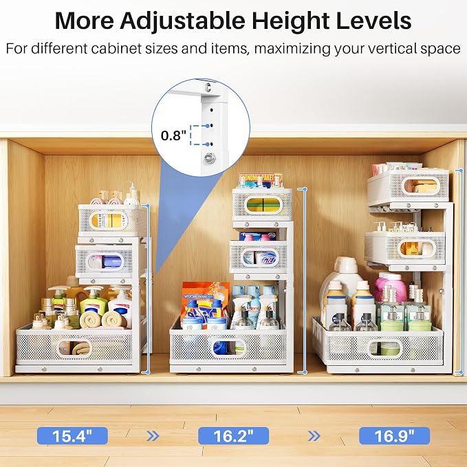 Under Sink Organizer, 3-Tier Thickened Metal Pull out Cabinet Organizer Shelf, Height Adjustable Slide out Storage Drawer Rack for Kitchen Bathroom Pantry Laundry Home Organization, 2-Pack, White - Image 9