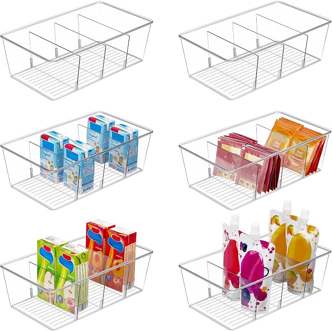 Vtopmart 6 Pack Food Storage Organizer Bins, Clear Plastic, 4 Compartments by Vtopmart