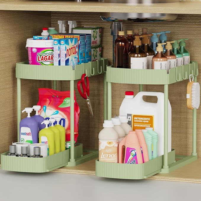 2 Packs Under Sink Pull-Out Storage Organizers, 14.8 Inches, Green by ukeetap