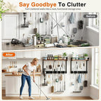 Broom Holder Wall Mount, Broom and Mop Organizer Wall Hanging with Vacuum Stand and & Hooks, Heavy Duty Laundry Organization & Storage, Utility Racks with Wood Shelf & Guard (L) - Image 3