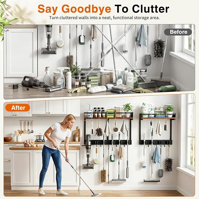 Broom Holder Wall Mount, Broom and Mop Organizer Wall Hanging with Vacuum Stand and & Hooks, Heavy Duty Laundry Organization & Storage, Utility Racks with Wood Shelf & Guard (L) - Image 3