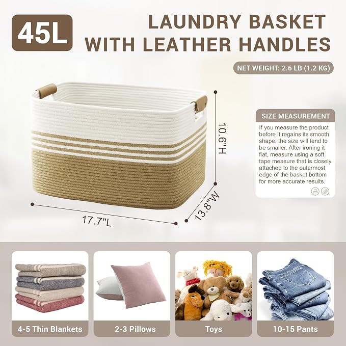 45L Small Woven Laundry Basket Hamper with Leather Handles,Khaki - Image 2