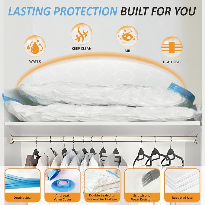 Vacuum Storage Bags with Hand Pump, Vacuum Seal Space Saver Bags,12 Large | 80% Space-Saving Bags for Clothes, Blankets, Pillows & Bedding;Double-Zip Airtight Seal;For Closets, Home & Travel Storage - Image 5