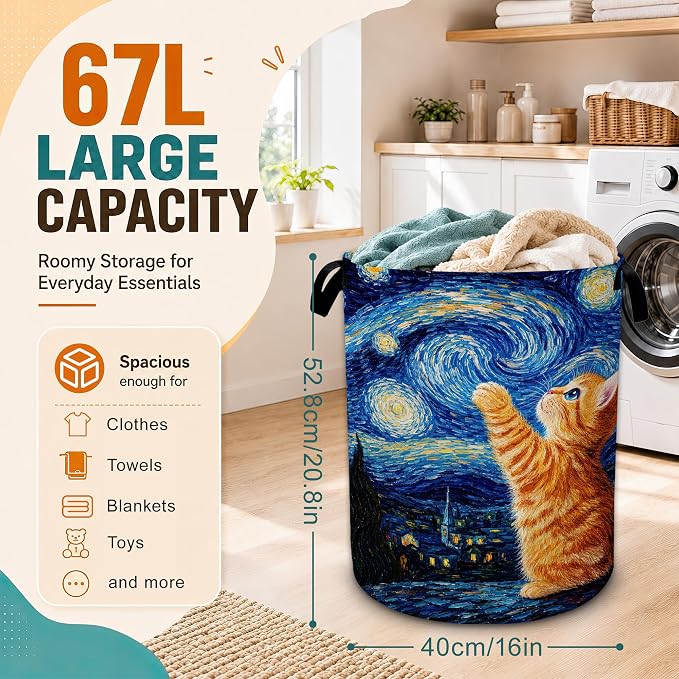 Starry Night Laundry Basket,Cute Cat Large Collapsible Portable Round Laundry Hamper with Handles,Oxford Storage Bin for Clothes,Blankets,Bedroom,Bathroom - Image 2