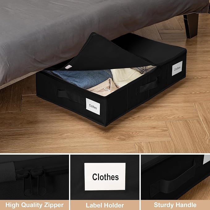 Vincona Under Bed Storage with Wheels, 2 Pack Under Bed Storage Containers with Label Holders for Clothes, Shoes and Blankets, Rolling Underbed Shoe Organizer with Cover, Black (23.6 x 15.7 x 7.28 in) - Image 4