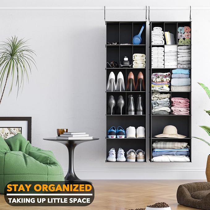 SpaceAid 2 Pack Hanging Closet Organizer and Storage with Dividers, 24 Compartments Hanging Shoe Shelves for Closet, Wardrobe, RV, Garment Rack - Black - Image 7