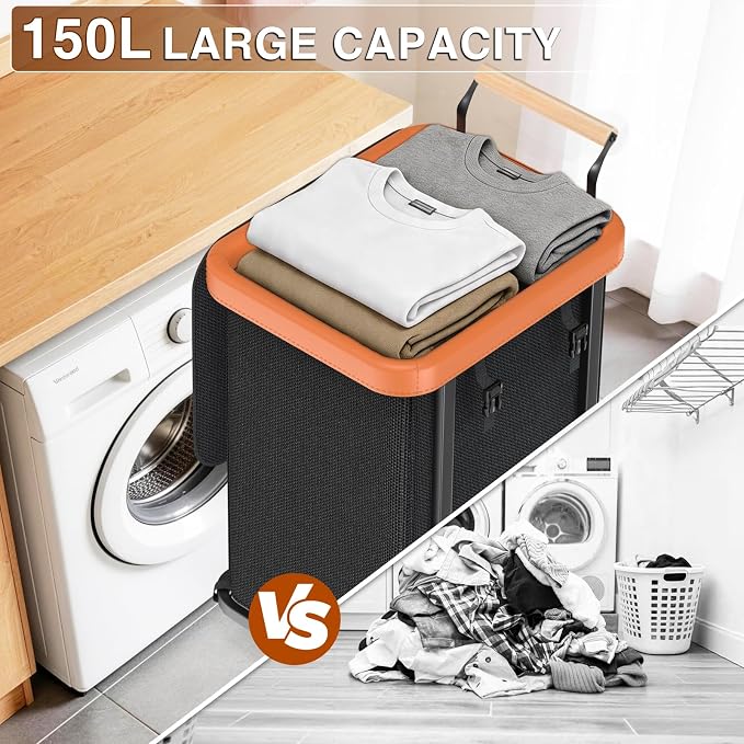 Laundry Hamper with Lid,Leather Patchwork Laundry Basket with Wheels 40Gal - Image 4