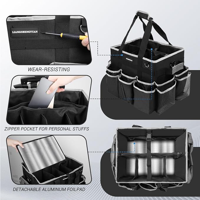 Large Rolling Cleaning Caddy Bag, Cleaning Caddy with Wheels with Detachable Trolley for Housekeepers, Water Resistant Cleaner Supplies Organizer with Wheels for Kitchen, Car, Picnic (Black-Grey) - Image 3