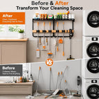 Mop and Broom Holder Wall Mount with Railing Shelf,3-in-1 Cleaning Storage Organizer,Storage Rack with Vacuum holder 5 Grips 6 Hooks for Laundry Utility Garages Closet, - Image 3