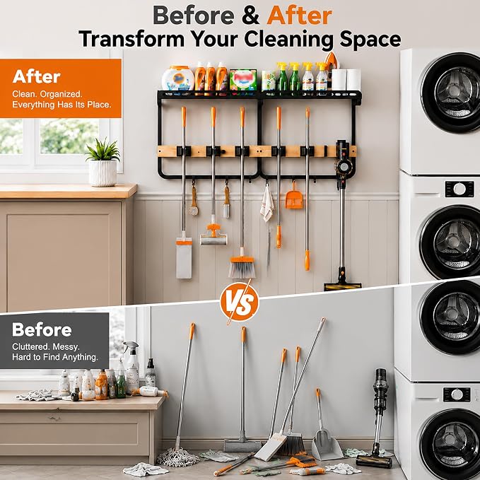 Mop and Broom Holder Wall Mount with Railing Shelf,3-in-1 Cleaning Storage Organizer,Storage Rack with Vacuum holder 5 Grips 6 Hooks for Laundry Utility Garages Closet, - Image 3