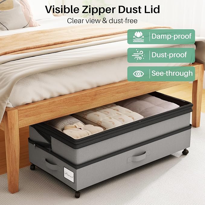 Kitstorack 4 Pack Height-adjustable Under Bed Storage with Wheels, Under Bed Storage Containers,Under Bed Shoe Storage Organizer with Clear Window&Label, Suitable for Clothes Storage, Gray - Image 5
