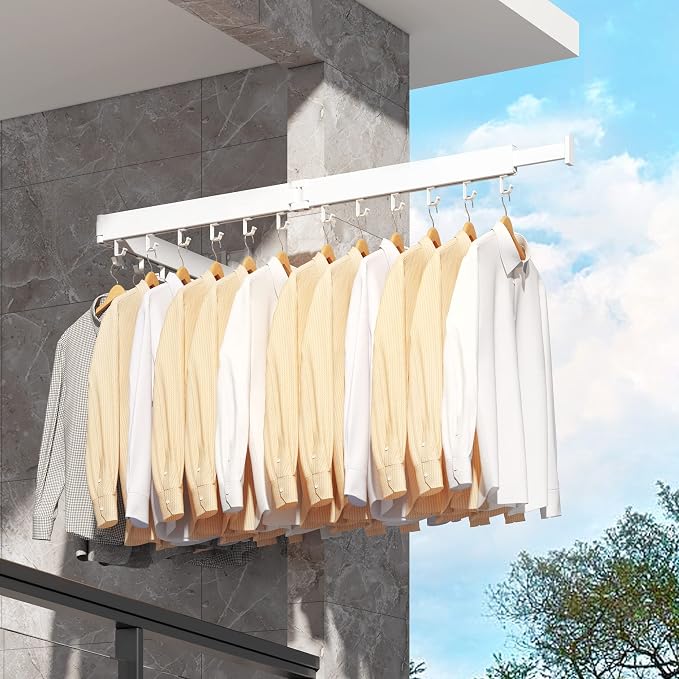 Clothes Drying Rack,Laundry Drying rack,Wall Mounted Clothes Rack,Clothes Hanging Rack,Laundry Rack Wall Mount,Folding Retractable Collapsible Drying Rack Clothing (Three-Poles,J Hooks,White) - Image 7