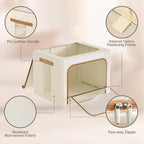 Yecaye Clothes Storage Bins with Lids & Clear Window, Beige, 40L, 3 Pack | Metal Frame, Foldable, Organizer Box Zippers & PU Leather Handles - Image 4