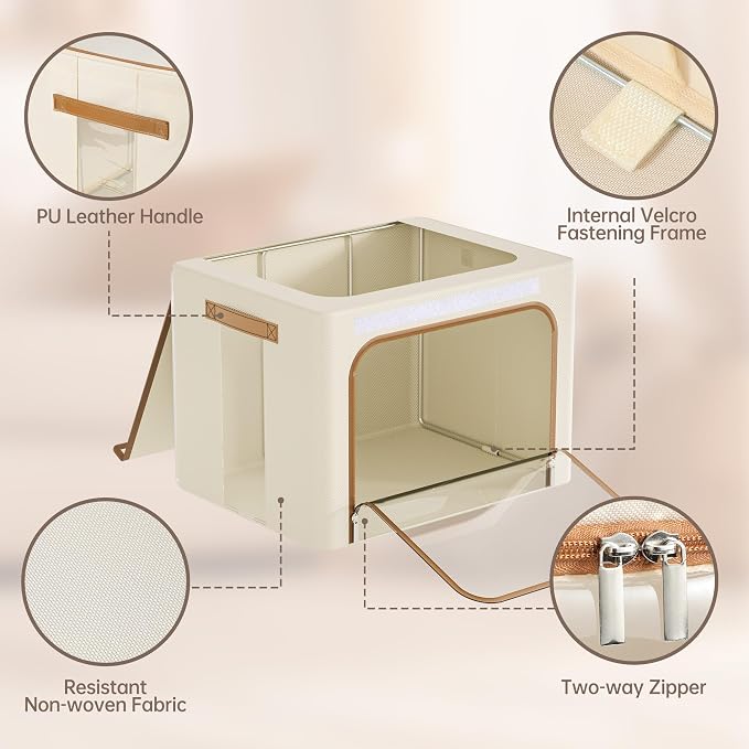 Yecaye Clothes Storage Bins with Lids & Clear Window, Beige, 40L, 3 Pack | Metal Frame, Foldable, Organizer Box Zippers & PU Leather Handles - Image 4