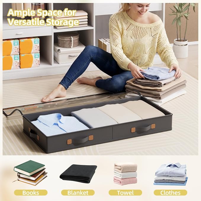 FHSQX Under Bed Storage Container 3 Inches Low Profile Under-bed Organizer Bins Slim Under Couch Storage Box Ideal For Seasonal Clothes Blankets Towel Fabric (1, Black, 31.5 * 17 * 3in) - Image 2