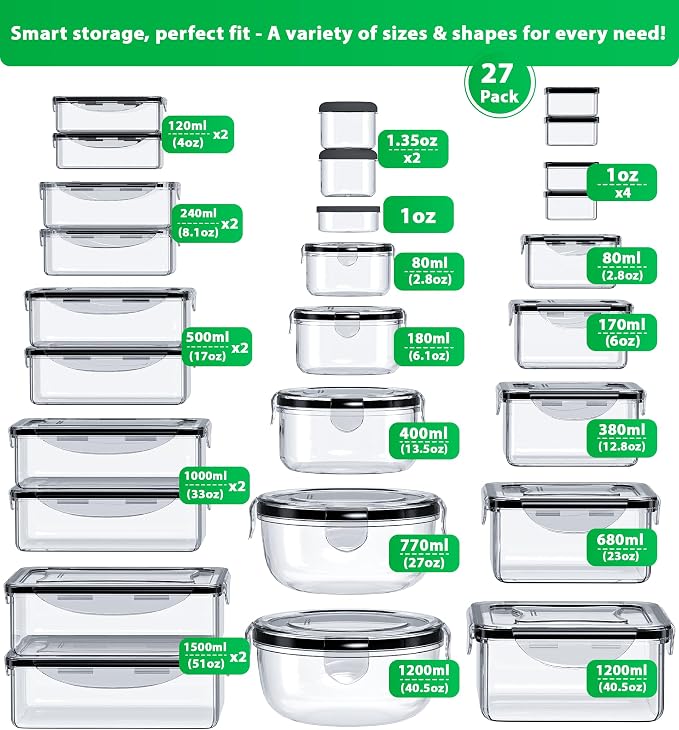 54 Pcs Food Storage Containers with Lids Airtight, (27 Containers &27 Lids) Reusable BPA-Free Plastic Food Containers for Kitchen Organization, Leak Proof Freezer/Microwave Safe Meal Prep Lunch Boxes - Image 2