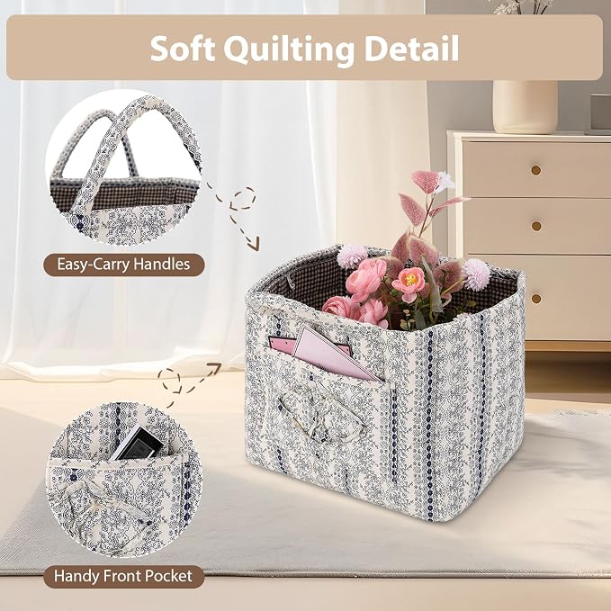 Storage Basket Boho Fabric Large Collapsible Floral Laundry Nursery Hamper Portable Folding Storage for Clothes Toys (Vine-Blue B) - Image 5