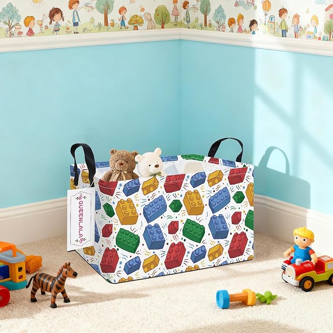 QUEENLALA Rectangular Collapsible Laundry Basket with Side Handles, Blocks - Image 8