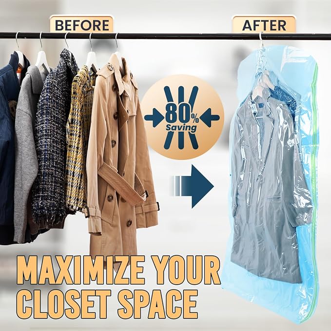 TAILI Hanging Vacuum Storage Sealer Space Saver Bags for Clothes, Coat, Closet Organizers, 4 Pack (2 Long, 2 Short) Blue | Vacuum Seal Bags for Clothing Travel, Winter Clothes Storage Closet Organizers, Garment, Coats, Suits and Jackets - Image 3