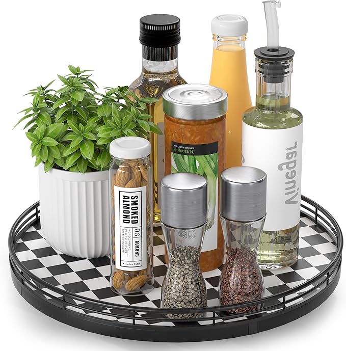 AMH 12 Inch Black and White Checkerboard Lazy Susan with Oak Wood Base by AMH