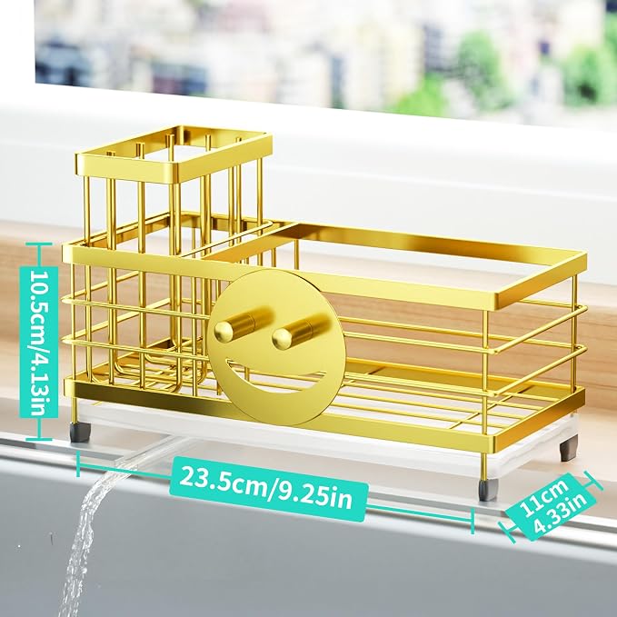 HapiRm Sink Caddy Sponge Holder - Self-draining Kitchen Sink Organizer with Smiley Face and Brush Holder, Stainless Steel Kitchen Organizer for Countertop - Gold - Image 5