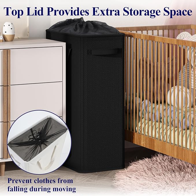 Optish 75L Slim Laundry Hamper, Large Laundry Basket With Handles, Black Narrow Laundry Basket for Dorm, Bedroom, Living Room, Collapsible Laundry Hamper - Image 6