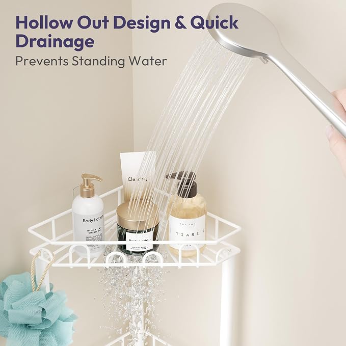 SWTYMIKI Standing Shower Caddy Corner - 3‑Tier Stainless Steel Shower Organizer Shelf with 12 Hooks and Adhesive Pads, Rustproof Corner Shelves Stand Rack for Bathroom Shower Room, white - Image 3