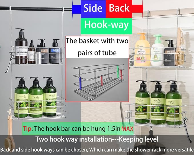 2-Tier Shower Caddy Hanging Shower Organizer Rack with Hooks Over The Door - Image 5