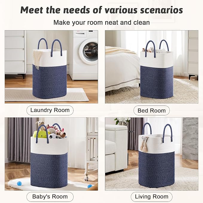 Laundry Basket,Woven Cotton Rope Laundry Hamper,Versatile Storage for Dirty Clothes,Baby Toys,and Blankets in Bathroom, Nursery,and Living Room (Blue, 100L) - Image 5