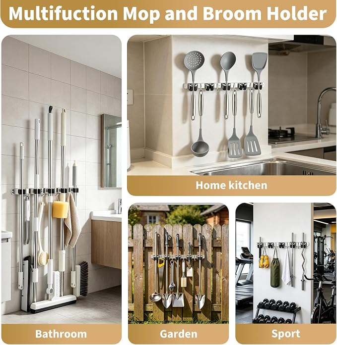 Broom Holder Wall Mount, Mop Organizer, 5 Racks, 4 Hooks, Heavy Duty - Image 3